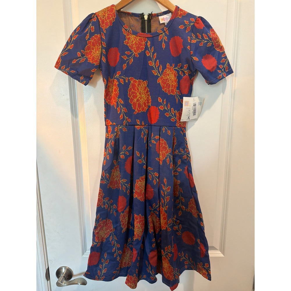 LuLaRoe Amelia Dress XXS Blue Red Floral Jacquard Short Sleeve Fit Flare NWT